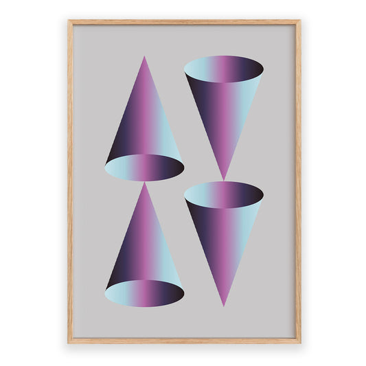 Framed artwork with geometric cone shapes in purple and blue on a gray background