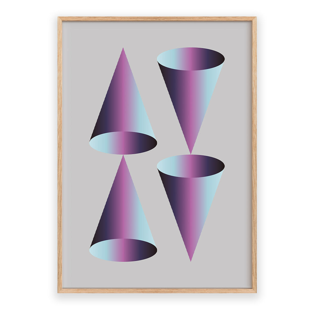 Framed artwork with geometric cone shapes in purple and blue on a gray background