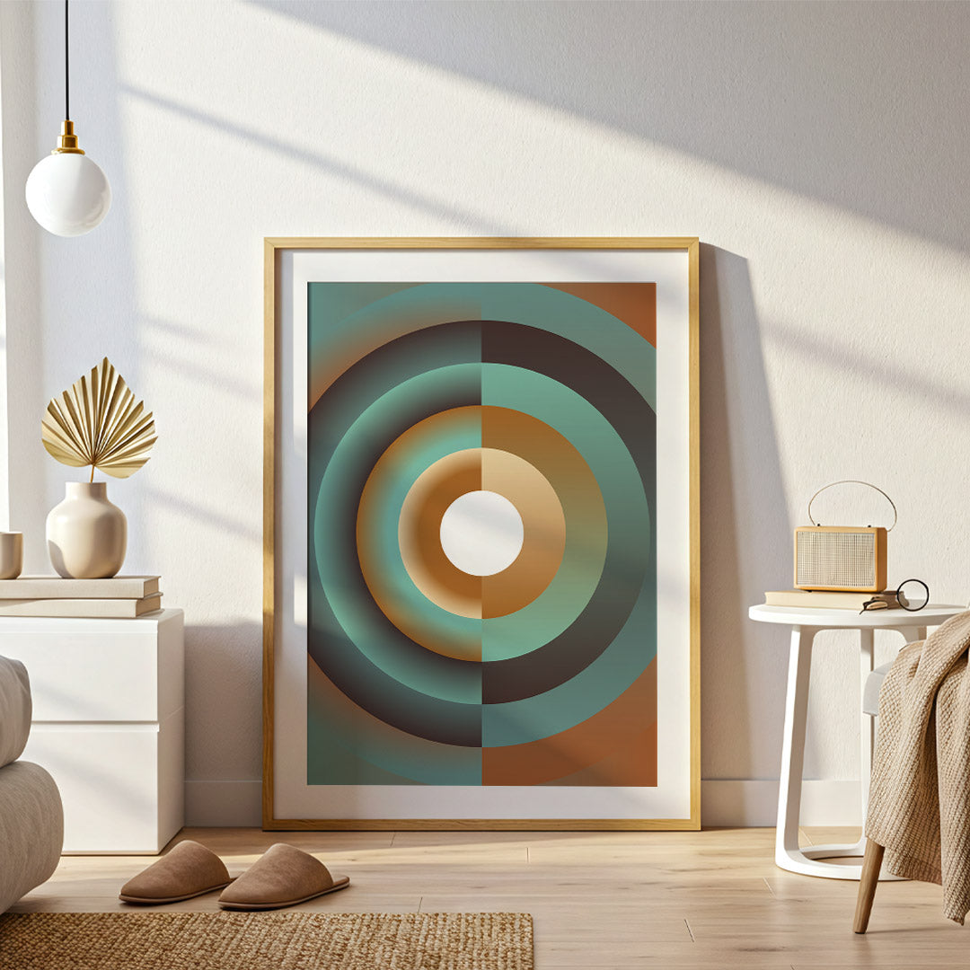 Abstract circular artwork in a gold frame on a wall in a modern living room.