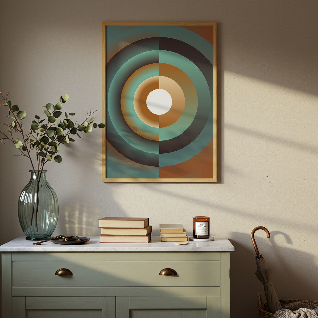 Abstract geometric poster featuring concentric circular forms in teal, burnt orange, brown and cream tones, arranged in a symmetrical modern composition with soft gradients and layered depth.