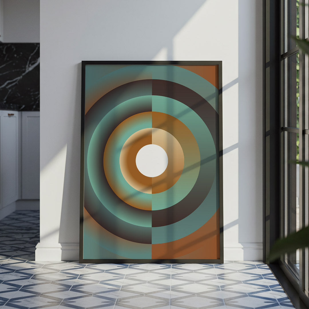 Framed abstract art with concentric circles in a modern interior setting