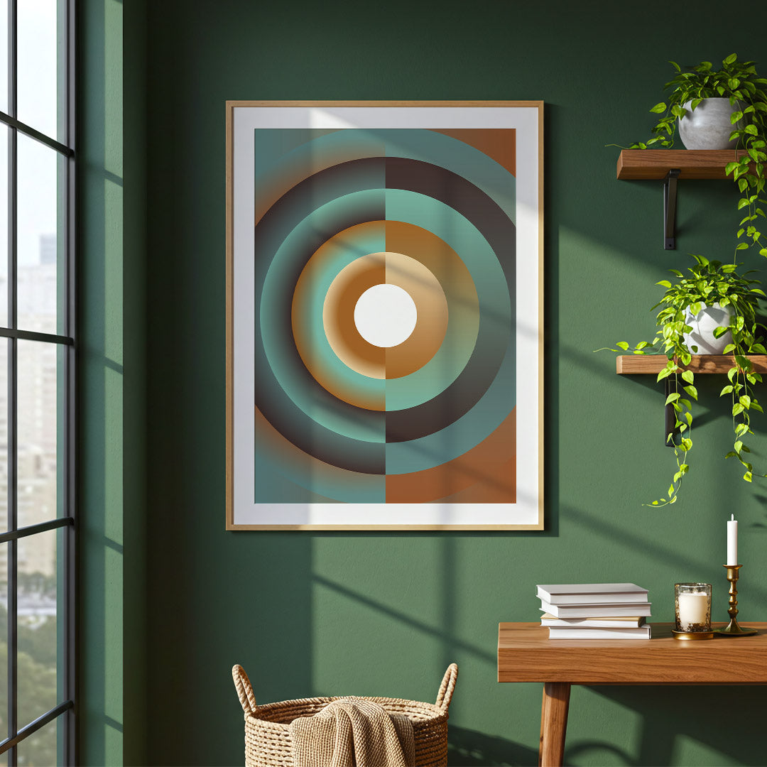 Geometric abstract art on a green wall with a wooden shelf and table.