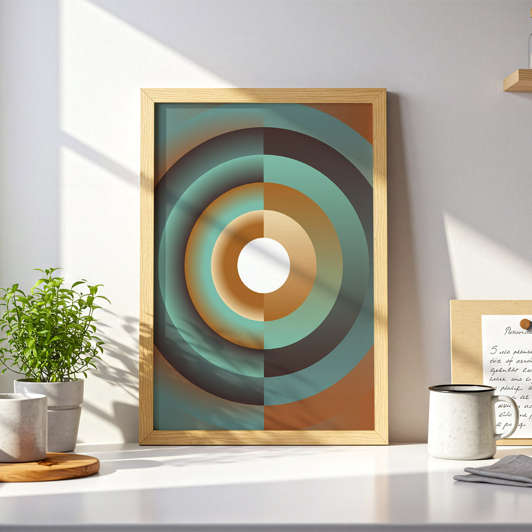 Framed abstract art piece on a desk with plants and a mug.