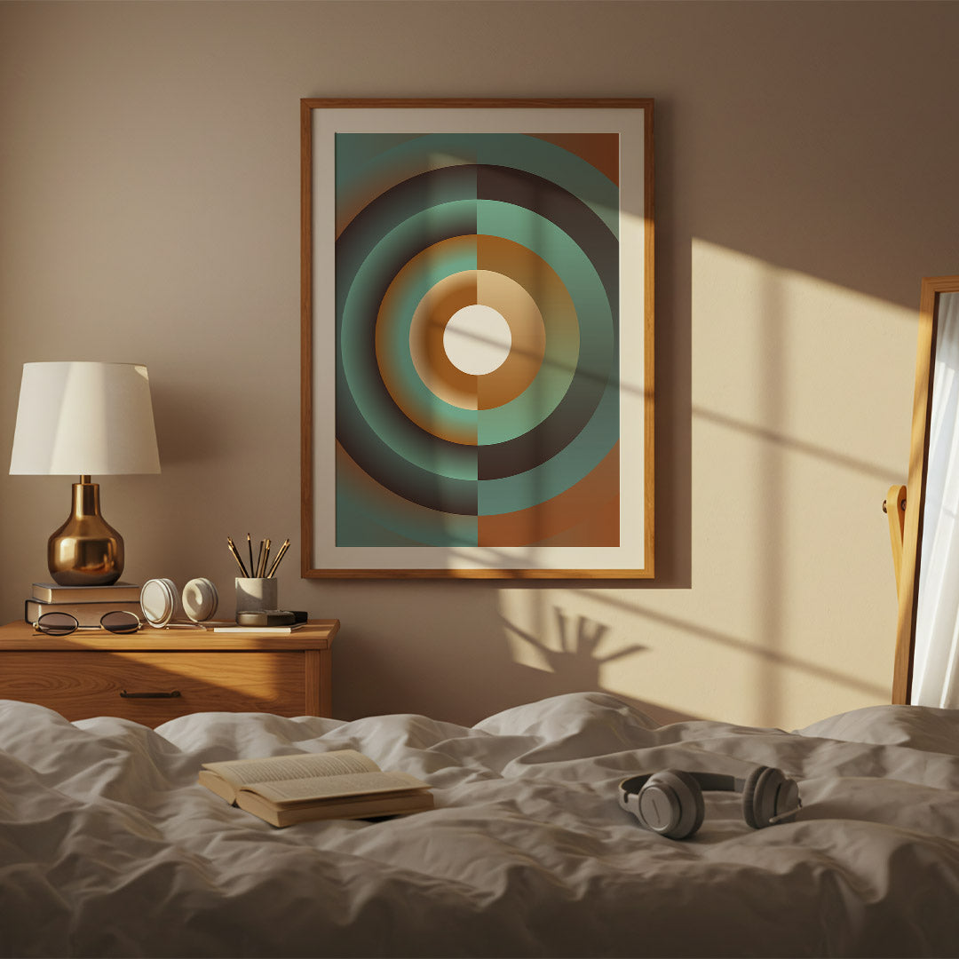 Bedroom with abstract art on the wall, lamp, and books.