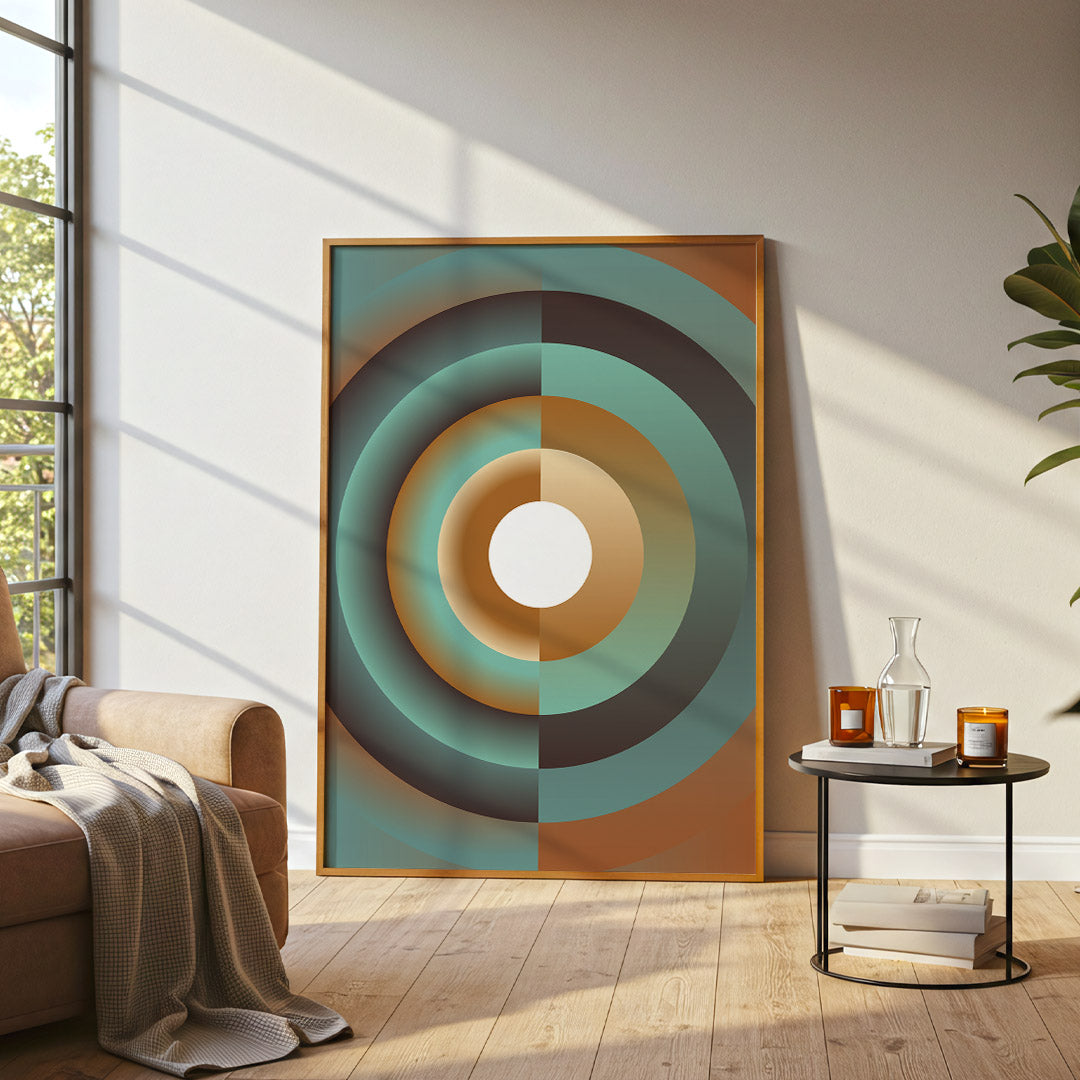 Abstract circular artwork in a living room with a couch and side table.