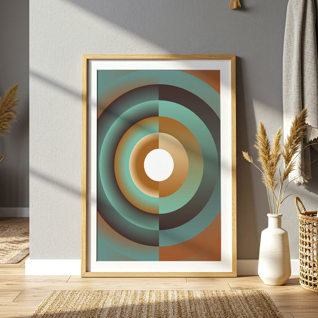 Framed abstract art print with concentric circles in a living room setting.