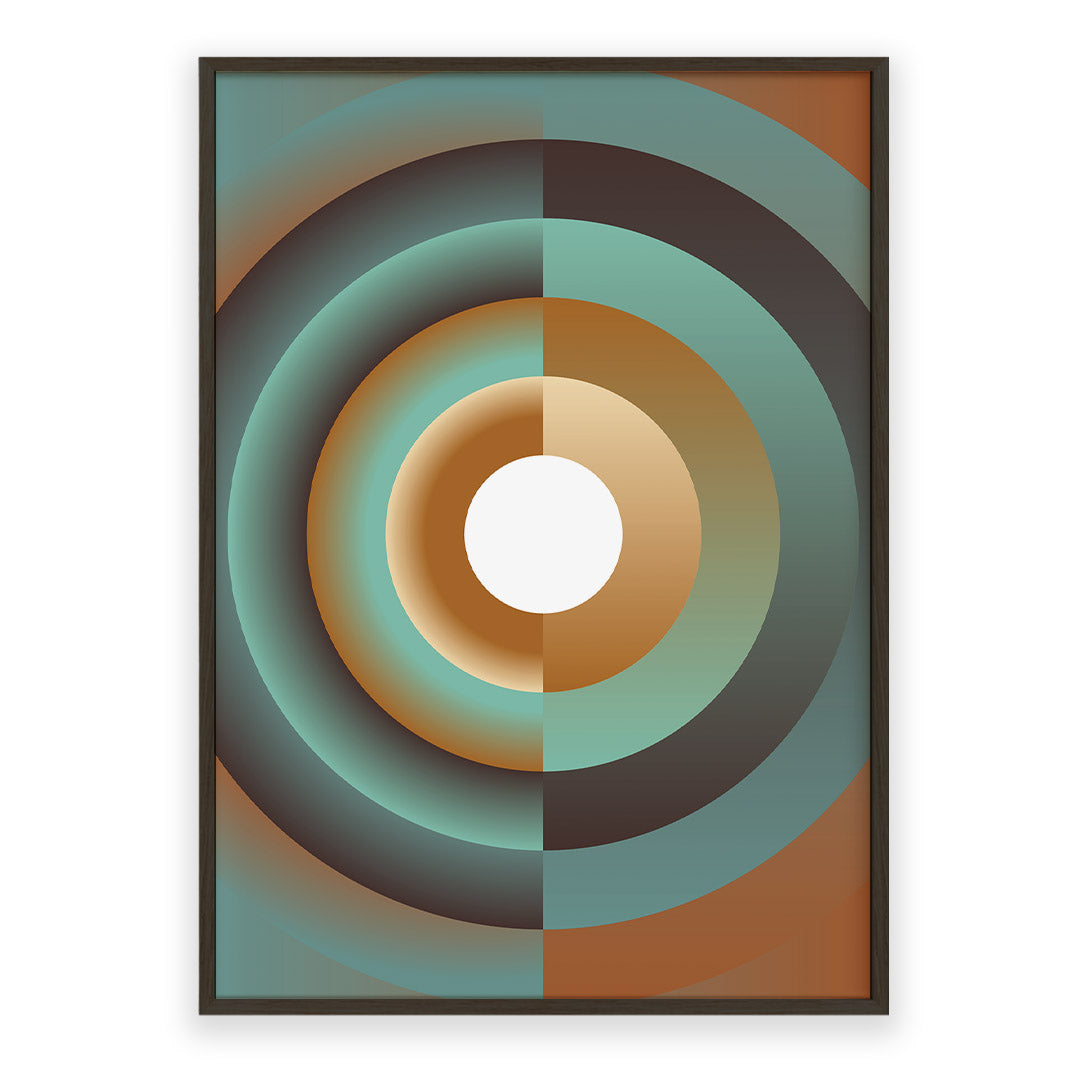Geometric abstract art print with concentric circles in green, brown, and white on a white background.