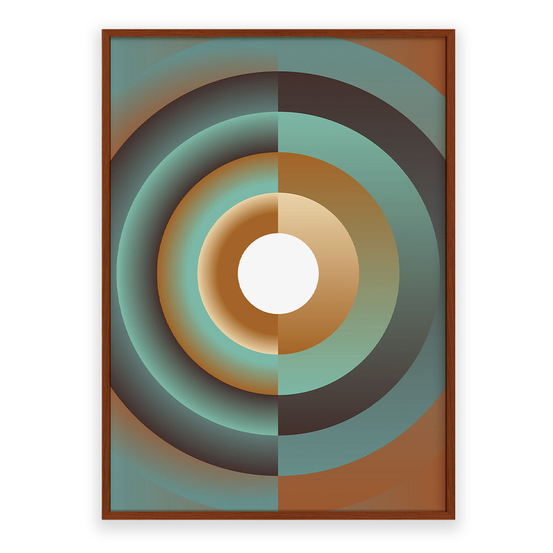 Geometric abstract art print with concentric circles in green, brown, and white on a white background.