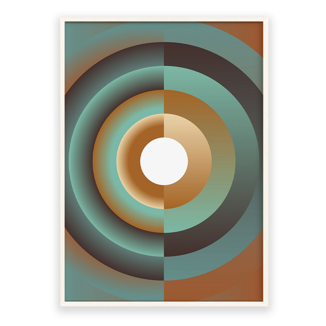 Geometric abstract art print with concentric circles in teal, brown, and white on a white background