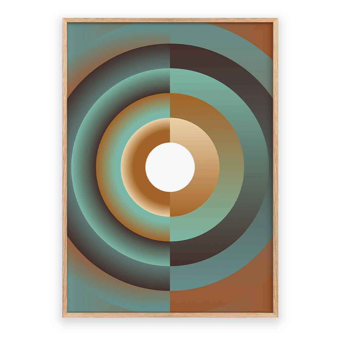 Framed abstract art with concentric circles in green, brown, and white on a white background