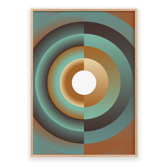 Framed abstract art with concentric circles in green, brown, and white on a white background