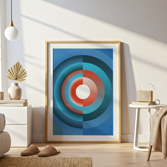 Abstract circular artwork in a gold frame on a wall in a modern living room.