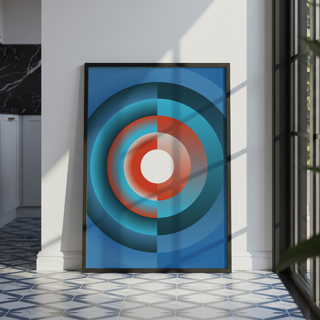 Abstract circular artwork in a modern interior setting