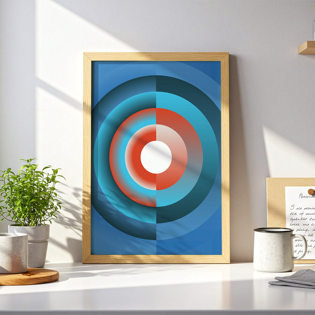 Framed abstract art piece with concentric circles on a wall in a bright room.
