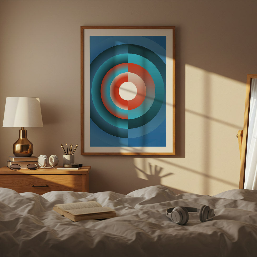 Framed abstract art on a wall above a bed with books and headphones.