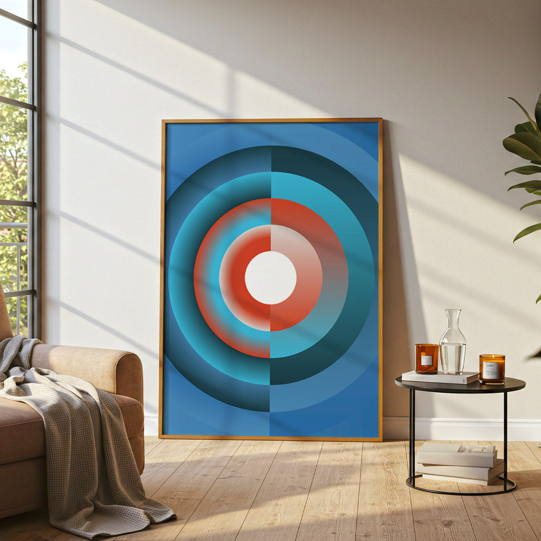Colorful abstract art piece in a living room setting with a couch and side table.