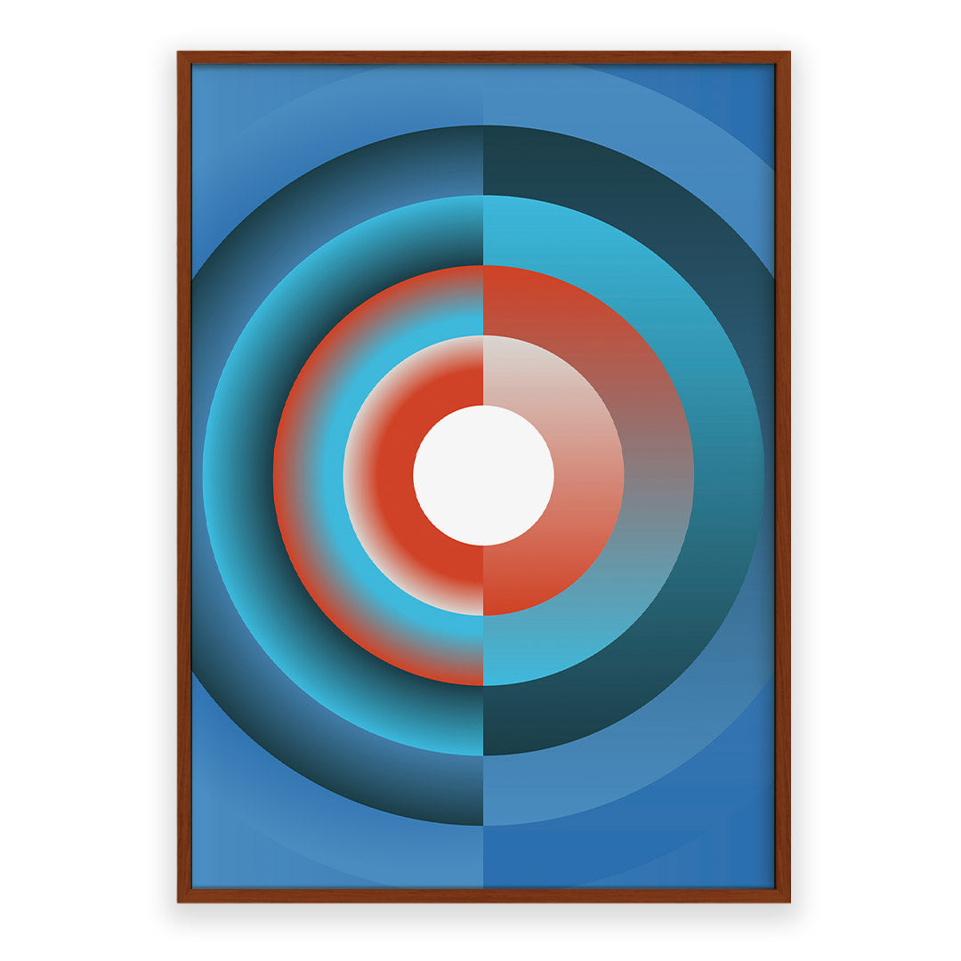 Framed abstract art with concentric circles in blue, red, and white on a white background