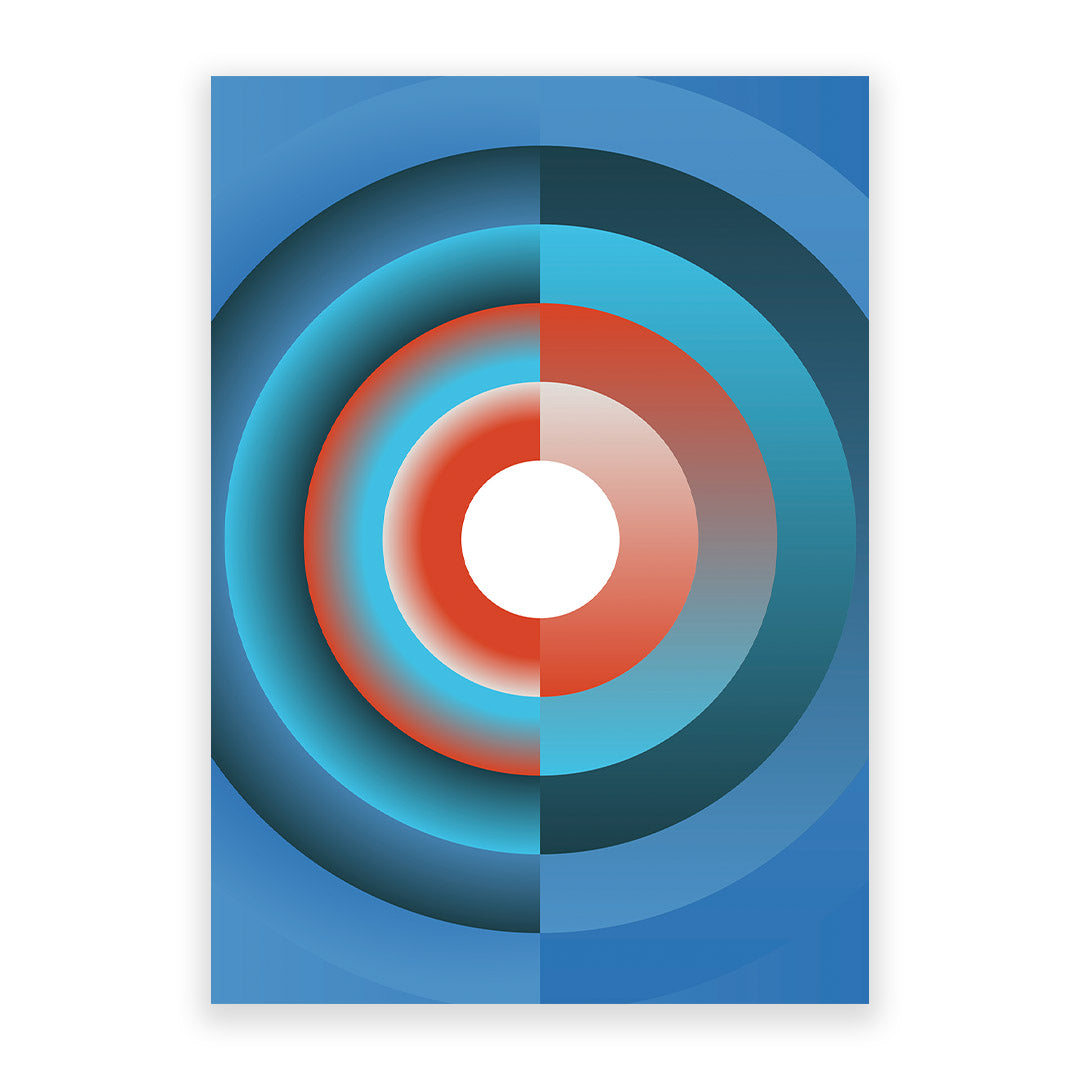 Abstract art print with concentric circles in blue, red, and white on a white background