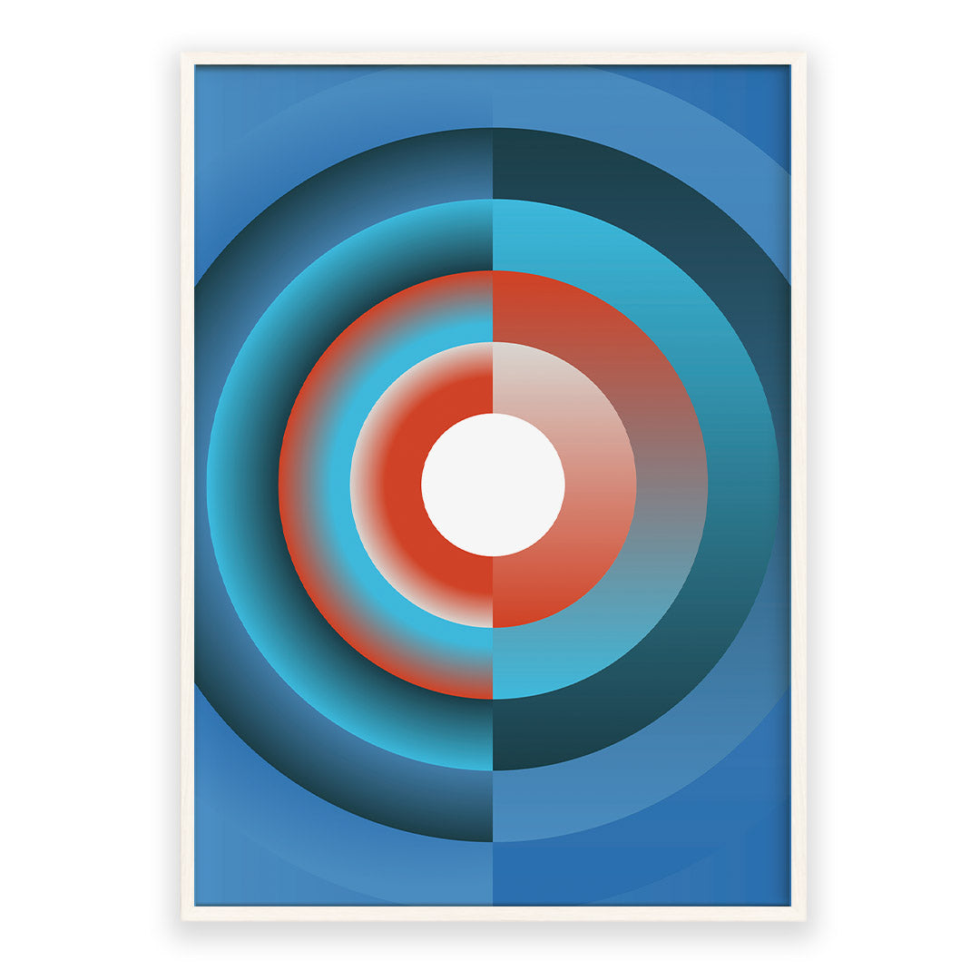 Abstract art print with concentric circles in blue, red, and white on a white background