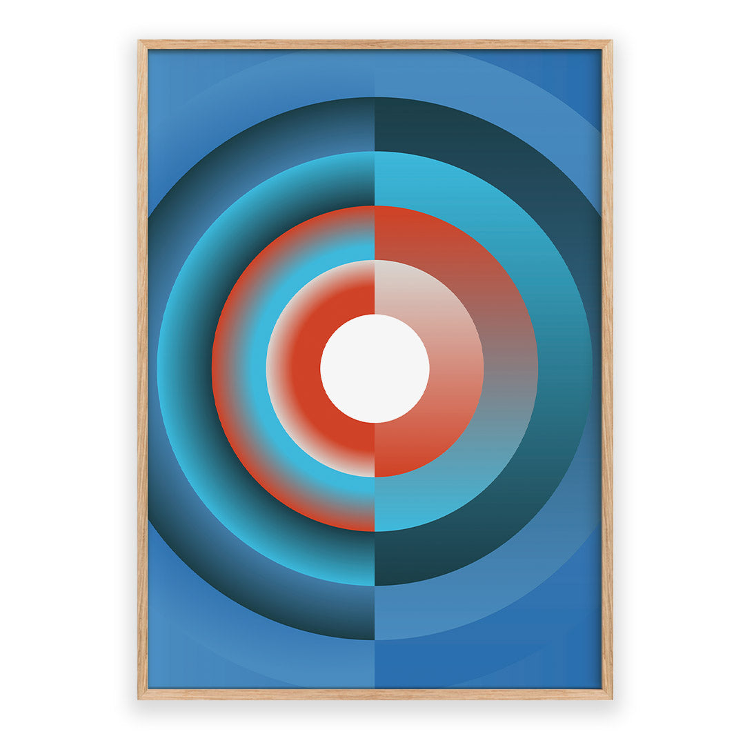 Framed abstract art with concentric circles in blue, red, and white on a white background