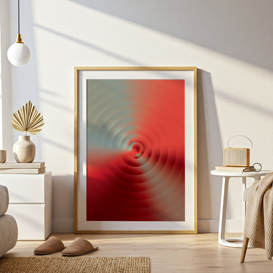 Abstract poster featuring concentric ripple-like circles emerging from a central focal point, blending coral red, crimson and soft sage tones through atmospheric gradients and fluid transitions.