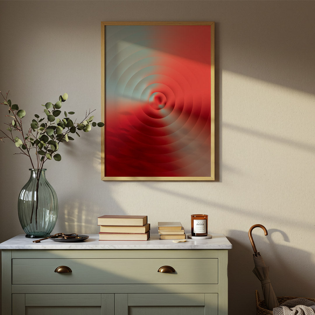 Abstract poster featuring concentric ripple-like circles emerging from a central focal point, blending coral red, crimson and soft sage tones through atmospheric gradients and fluid transitions.