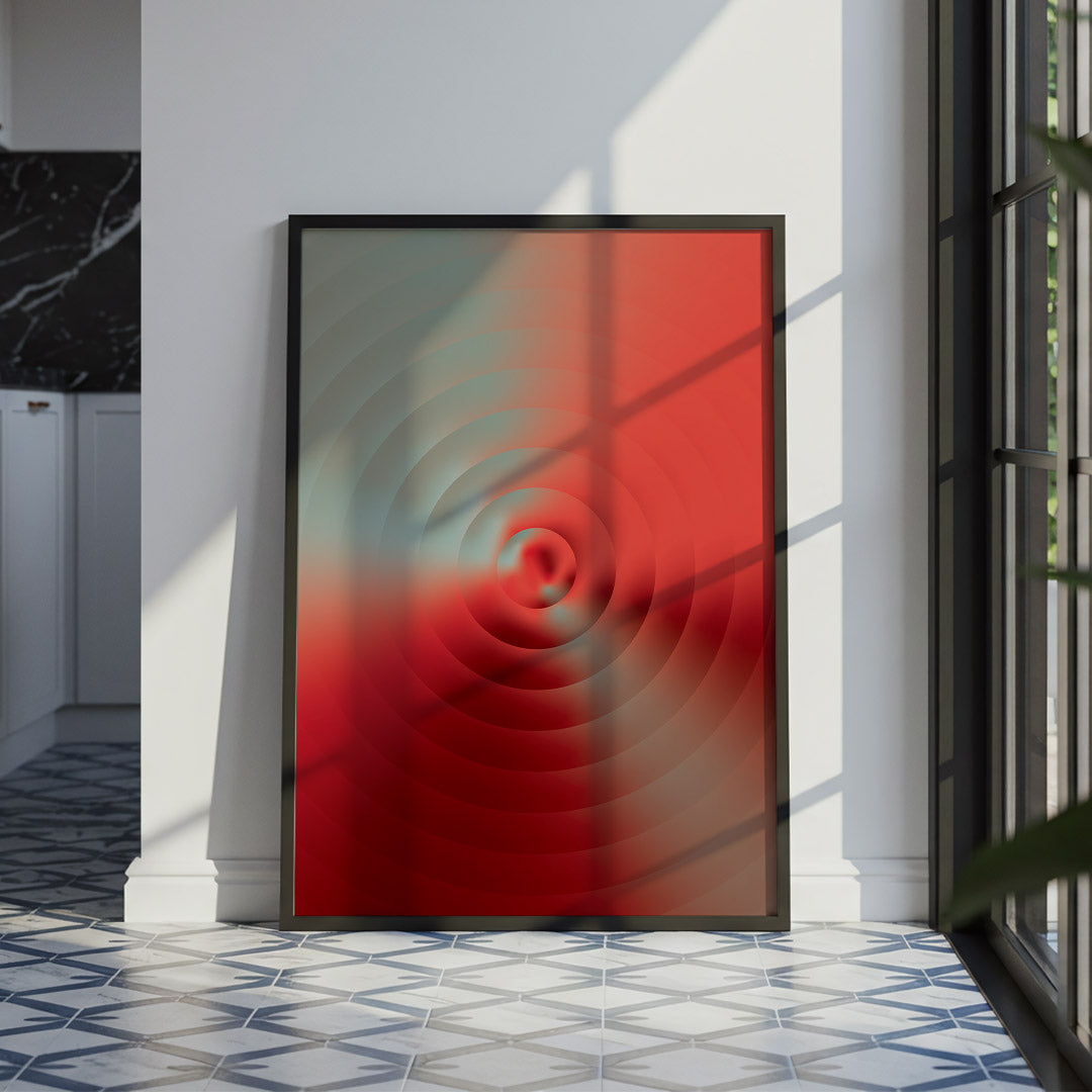 Abstract poster featuring concentric ripple-like circles emerging from a central focal point, blending coral red, crimson and soft sage tones through atmospheric gradients and fluid transitions.