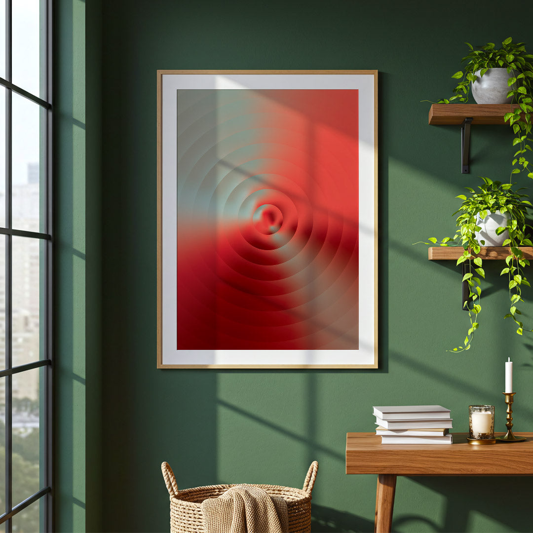 Abstract poster featuring concentric ripple-like circles emerging from a central focal point, blending coral red, crimson and soft sage tones through atmospheric gradients and fluid transitions.