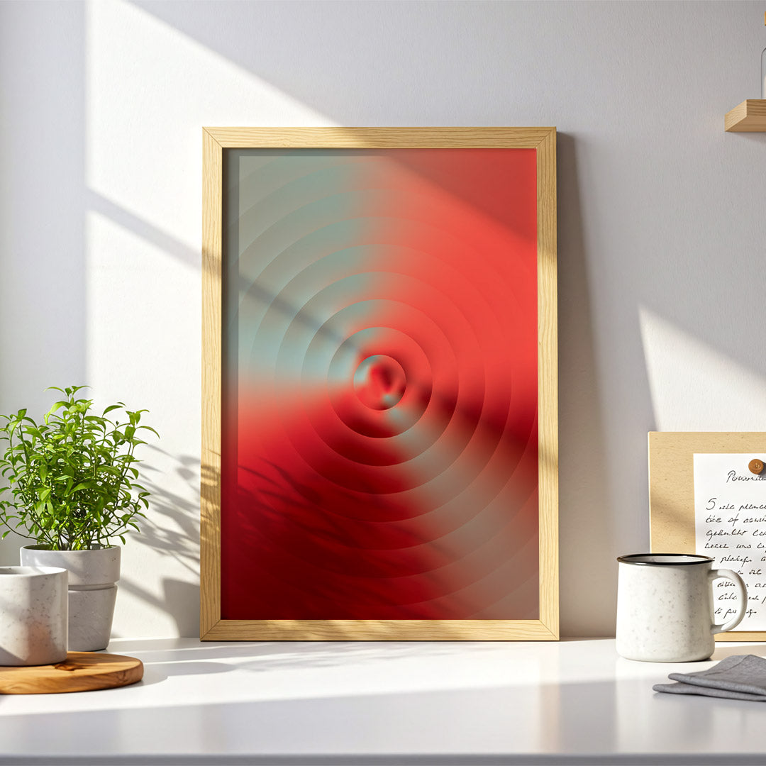 Abstract poster featuring concentric ripple-like circles emerging from a central focal point, blending coral red, crimson and soft sage tones through atmospheric gradients and fluid transitions.
