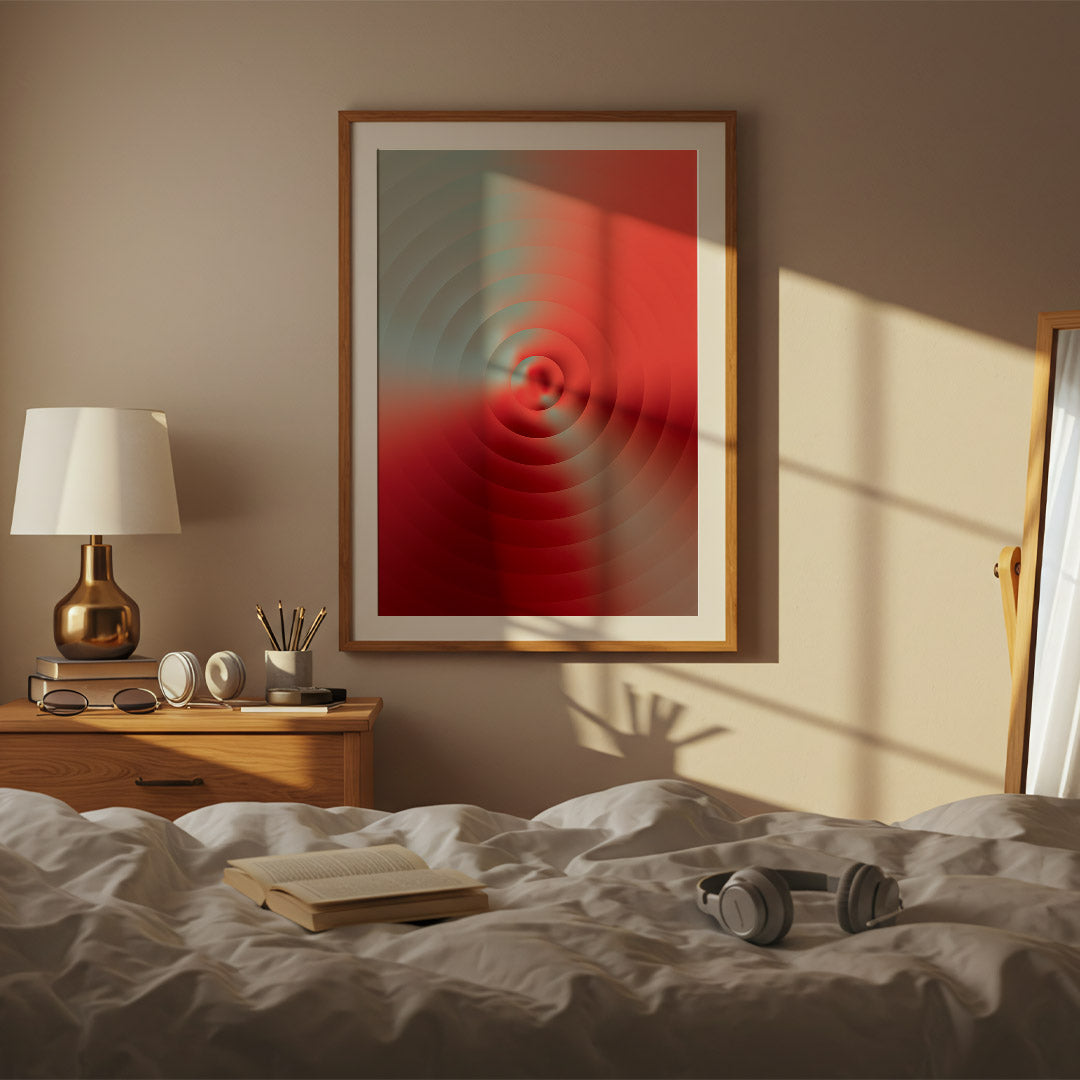 Abstract poster featuring concentric ripple-like circles emerging from a central focal point, blending coral red, crimson and soft sage tones through atmospheric gradients and fluid transitions.
