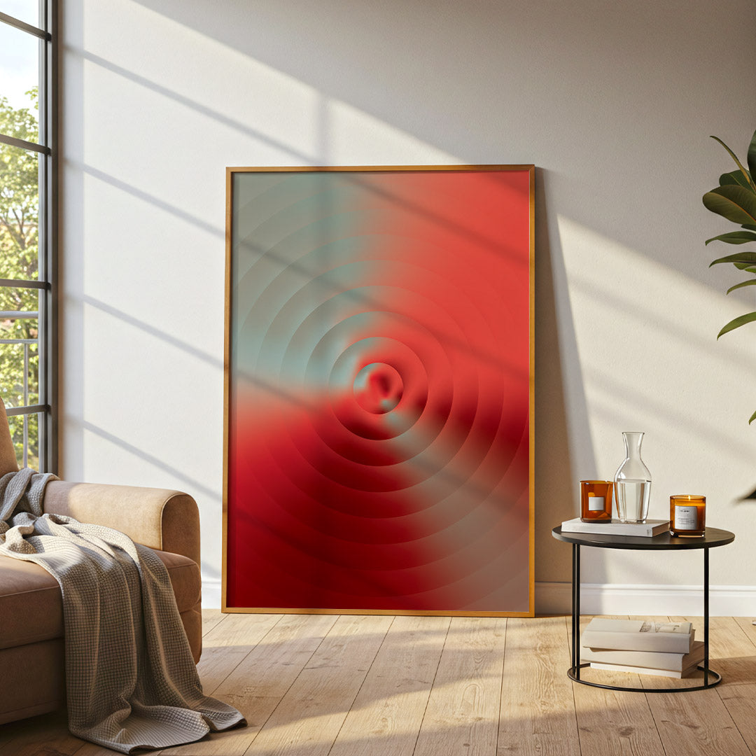 Abstract poster featuring concentric ripple-like circles emerging from a central focal point, blending coral red, crimson and soft sage tones through atmospheric gradients and fluid transitions.