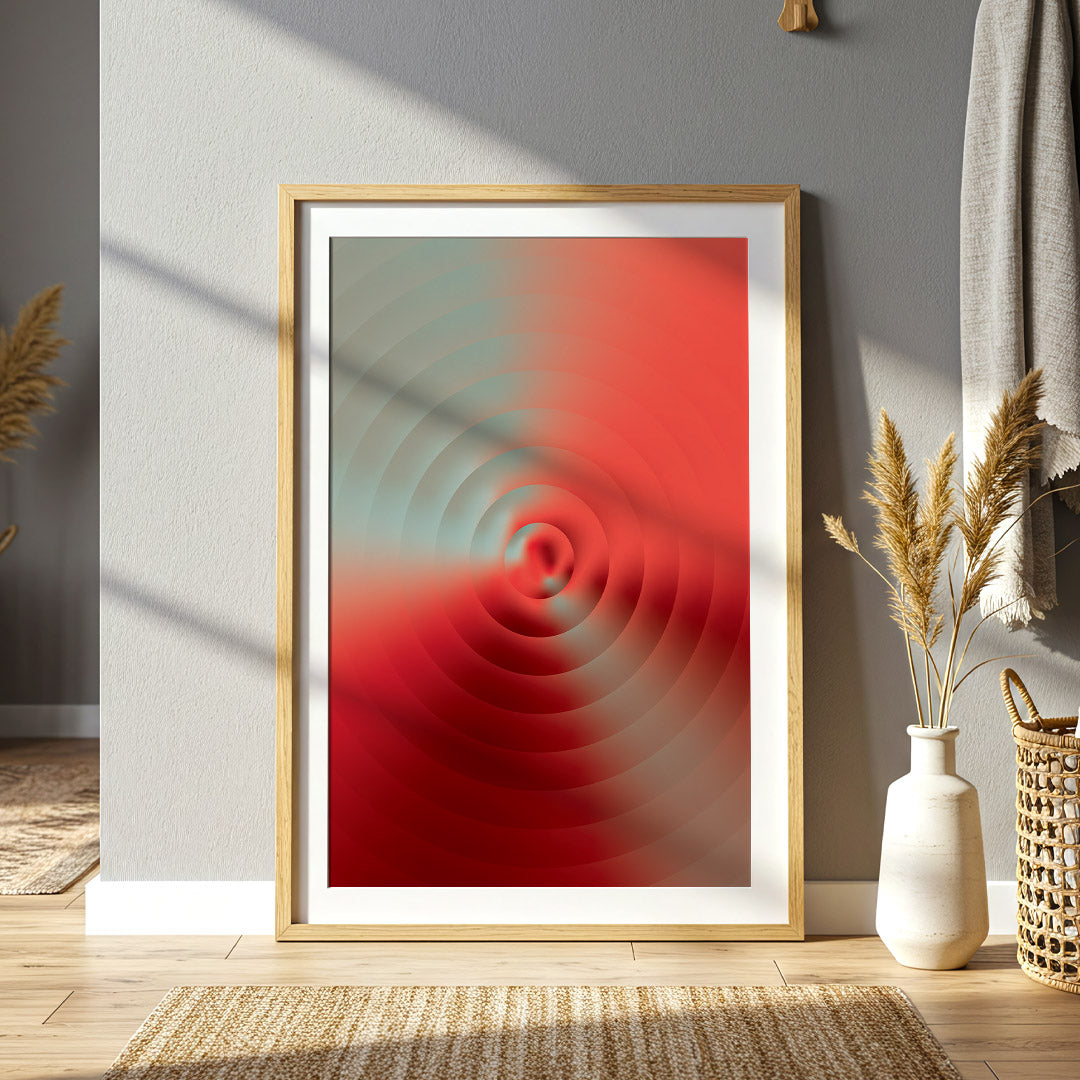 Abstract poster featuring concentric ripple-like circles emerging from a central focal point, blending coral red, crimson and soft sage tones through atmospheric gradients and fluid transitions.