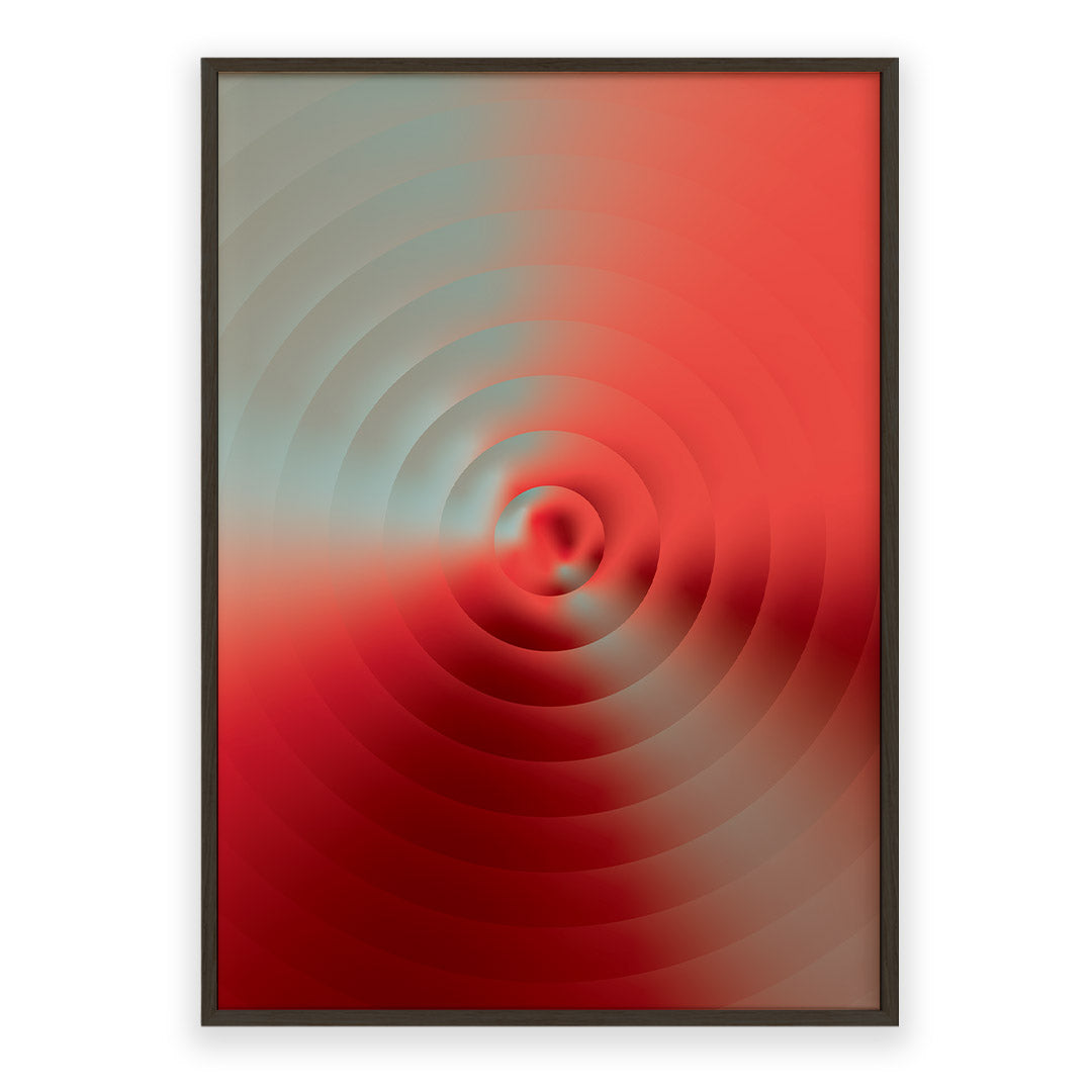 Abstract poster featuring concentric ripple-like circles emerging from a central focal point, blending coral red, crimson and soft sage tones through atmospheric gradients and fluid transitions.