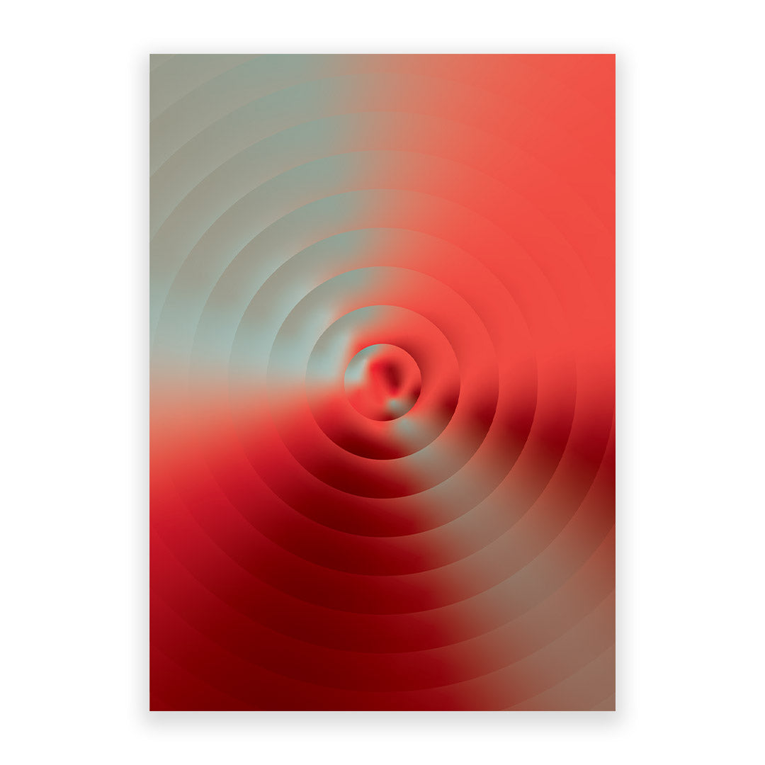 Abstract poster featuring concentric ripple-like circles emerging from a central focal point, blending coral red, crimson and soft sage tones through atmospheric gradients and fluid transitions.