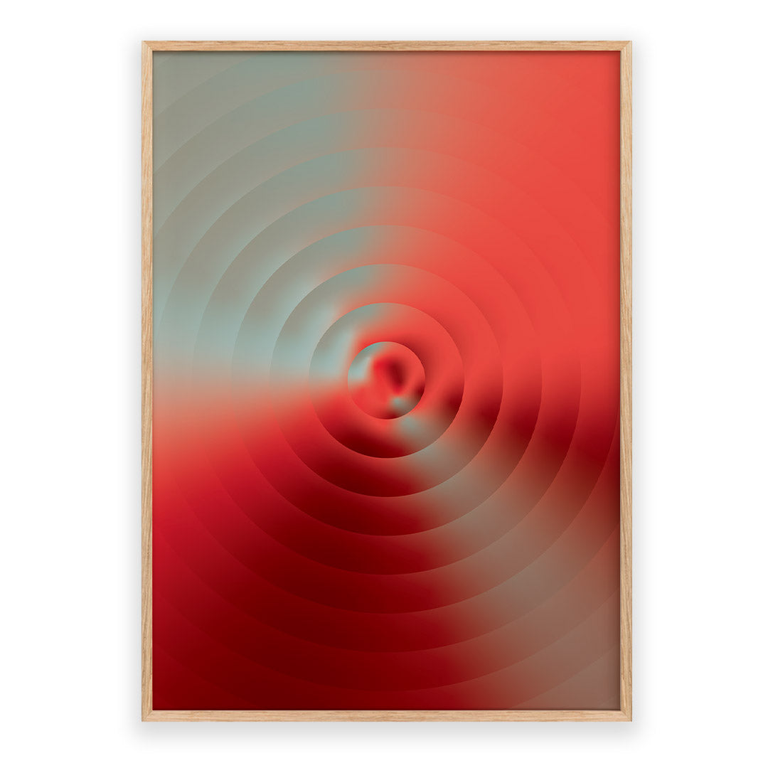 Abstract poster featuring concentric ripple-like circles emerging from a central focal point, blending coral red, crimson and soft sage tones through atmospheric gradients and fluid transitions.