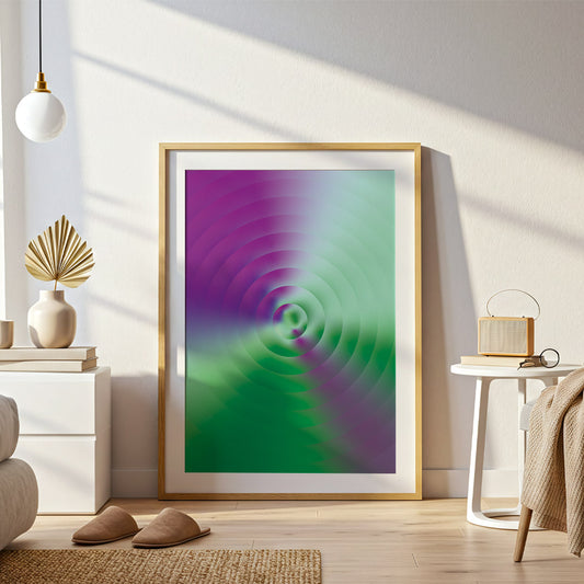 Framed abstract art with purple and green gradient in a modern living room.