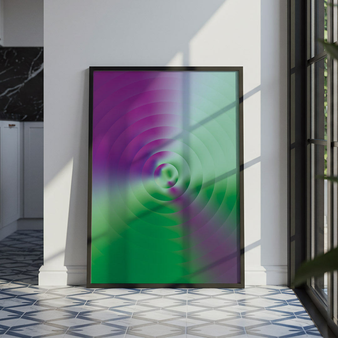 Framed abstract artwork with purple and green swirls on a white wall.