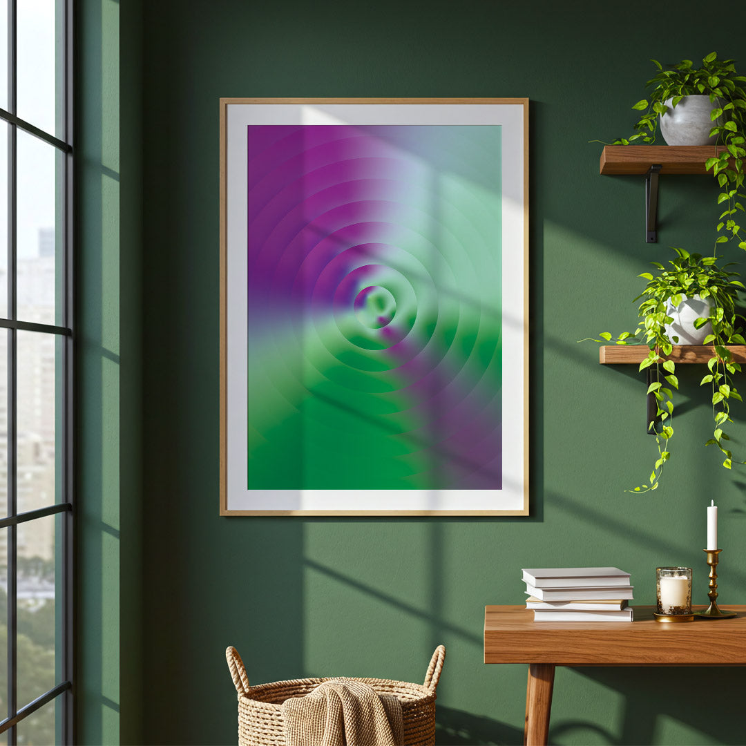 Framed abstract art on a green wall with a wooden shelf and table below.