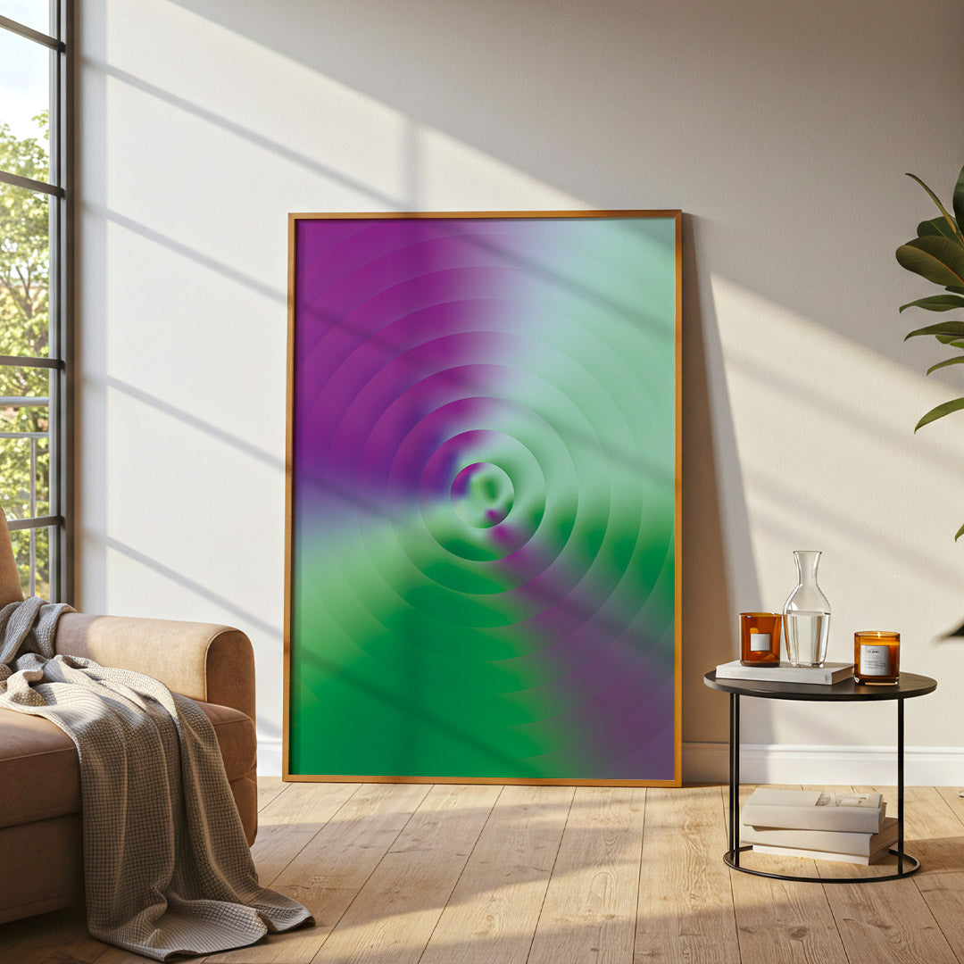 Colorful abstract art piece on a wall in a modern living room.
