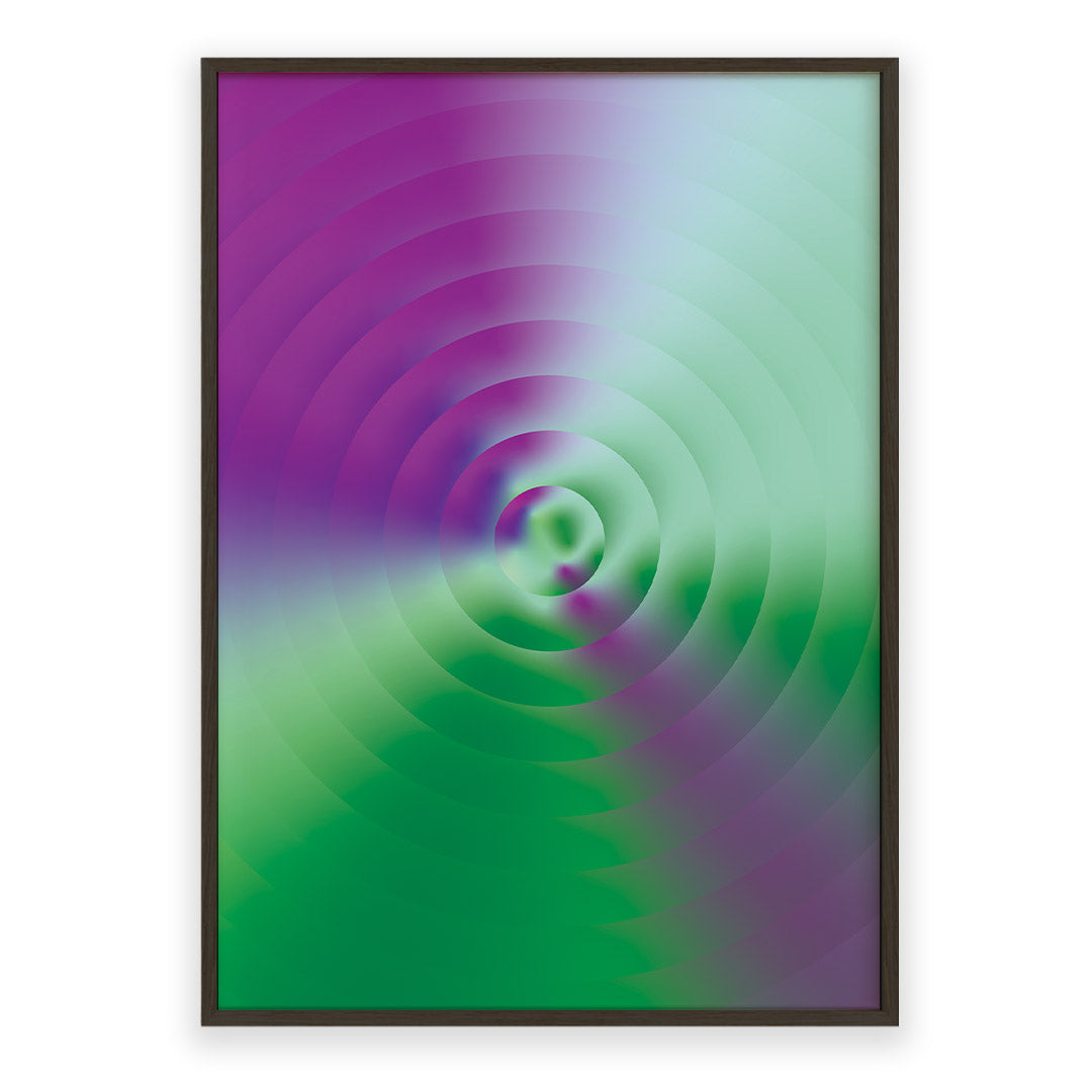 Framed abstract art with concentric purple and green circles on a white background