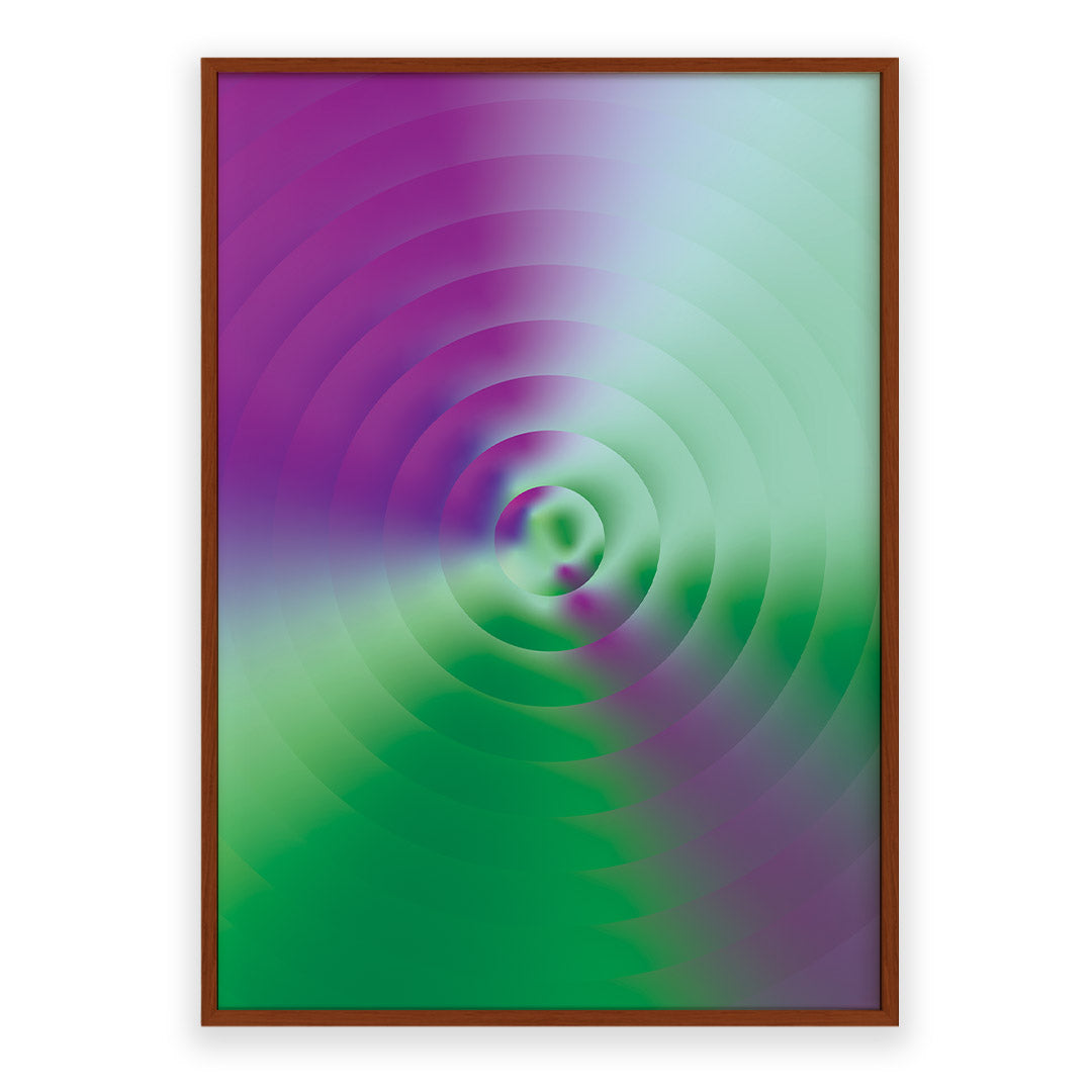Framed abstract artwork with concentric purple and green circles on a white background