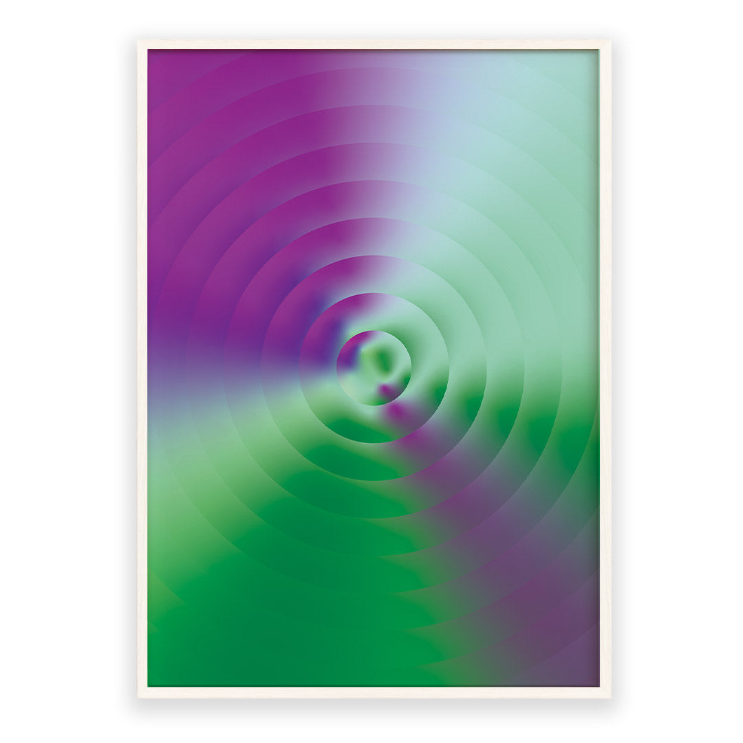 Framed abstract artwork with concentric purple and green circles on a white background