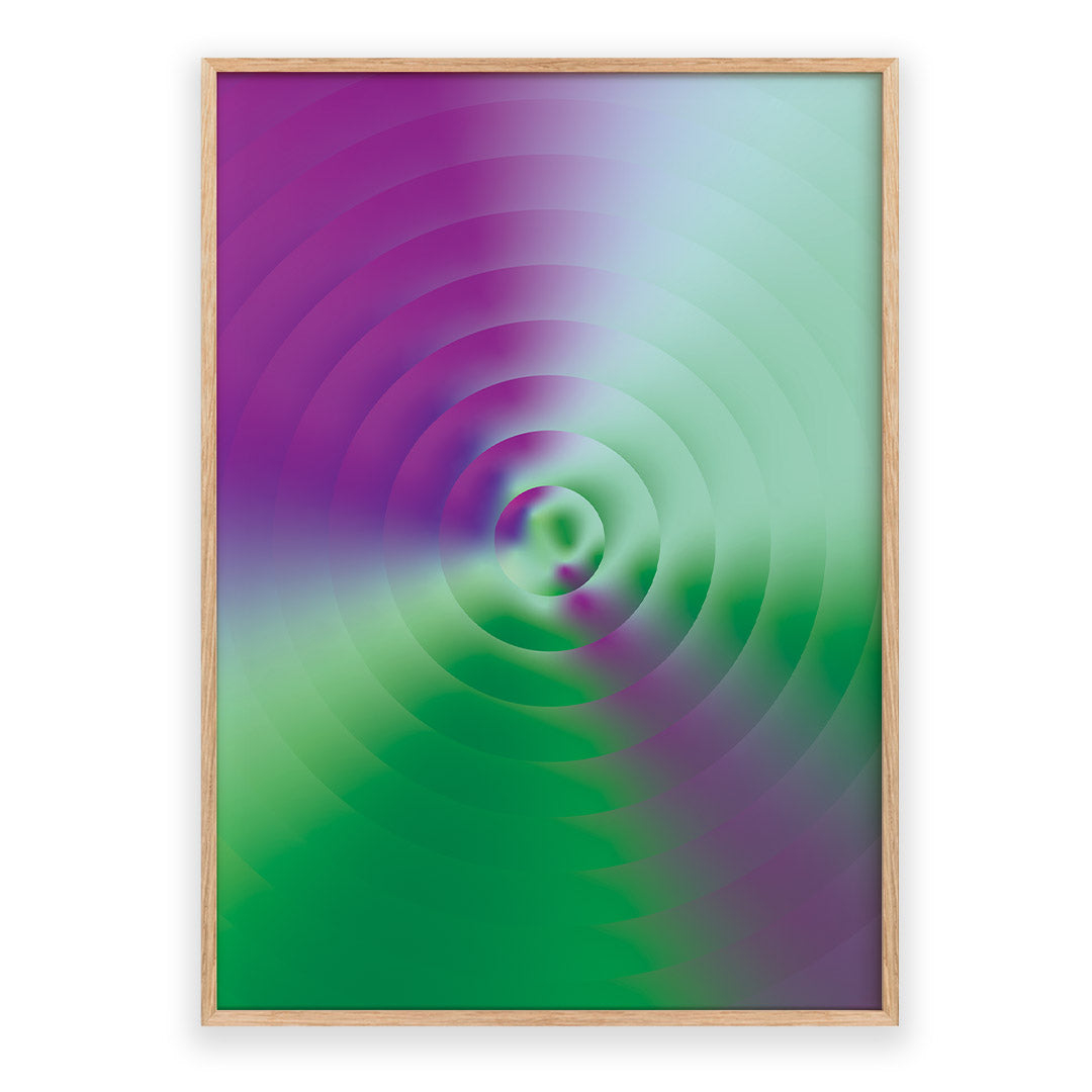 Framed abstract art with concentric purple and green circles on a white background