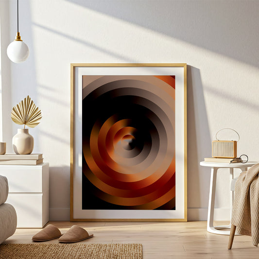 Framed abstract art piece on a wall in a modern living room.