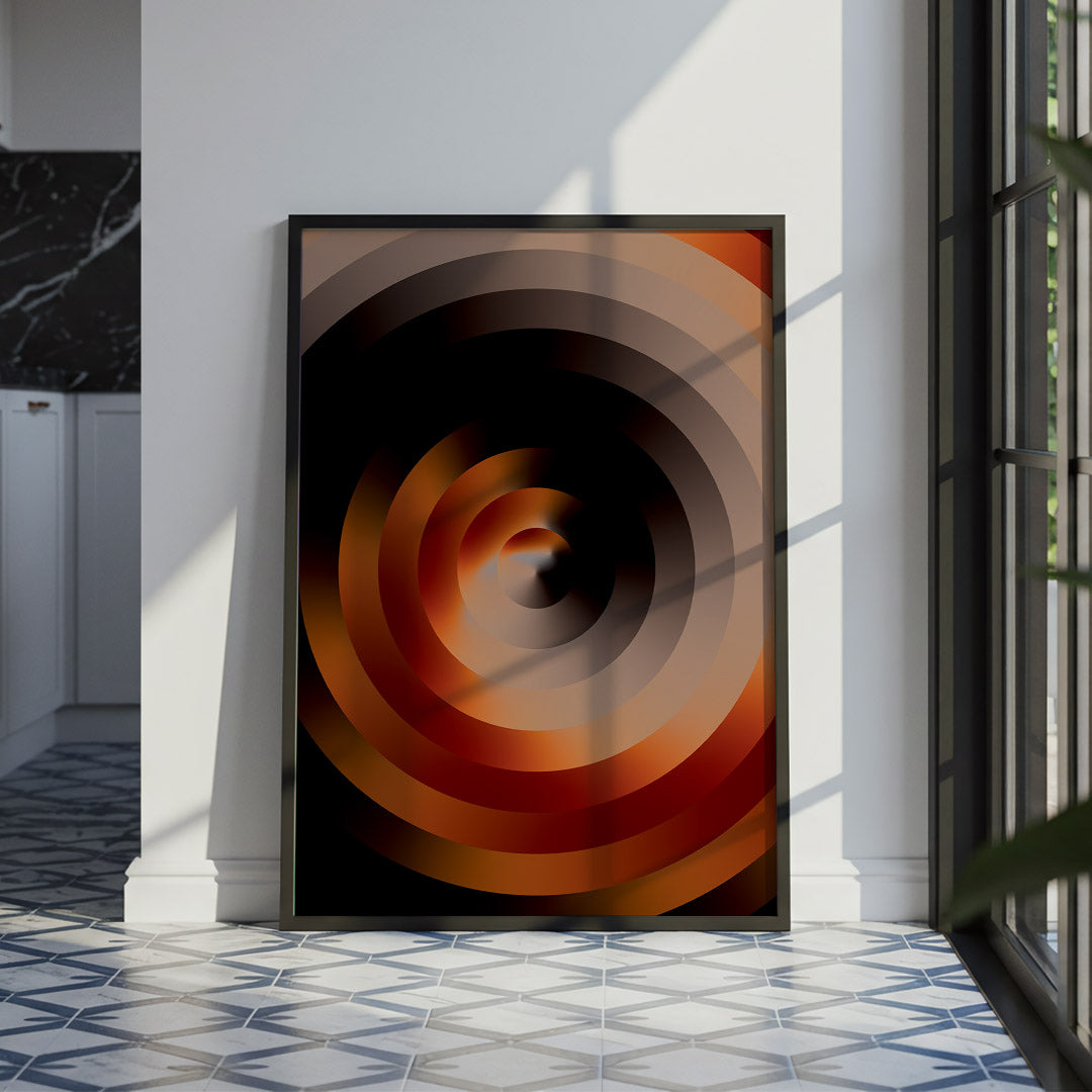 Abstract circular artwork in a modern interior setting