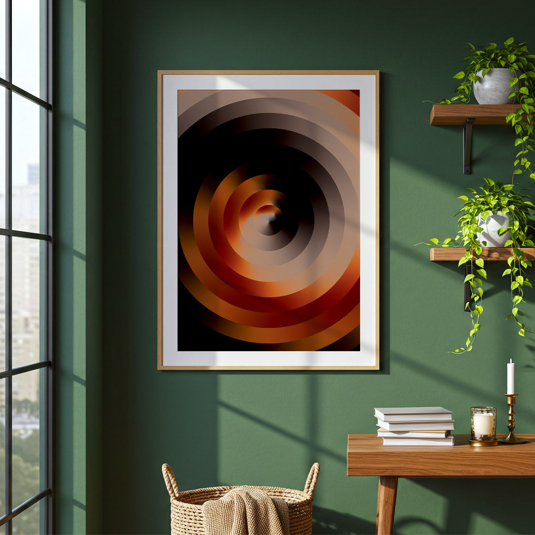 Framed abstract art on a green wall with a wooden shelf and table.