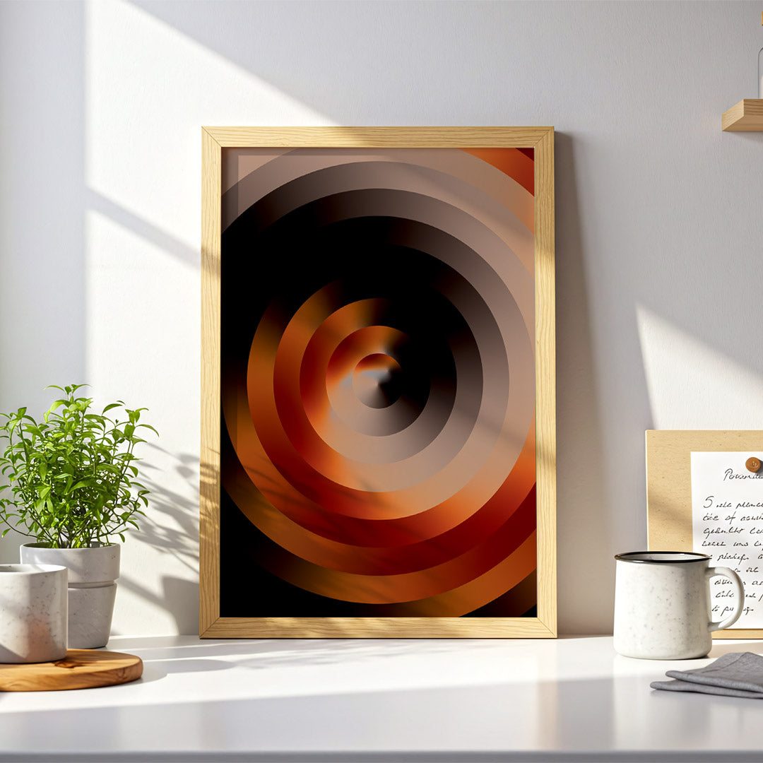 Framed abstract art piece on a wall with decor items below