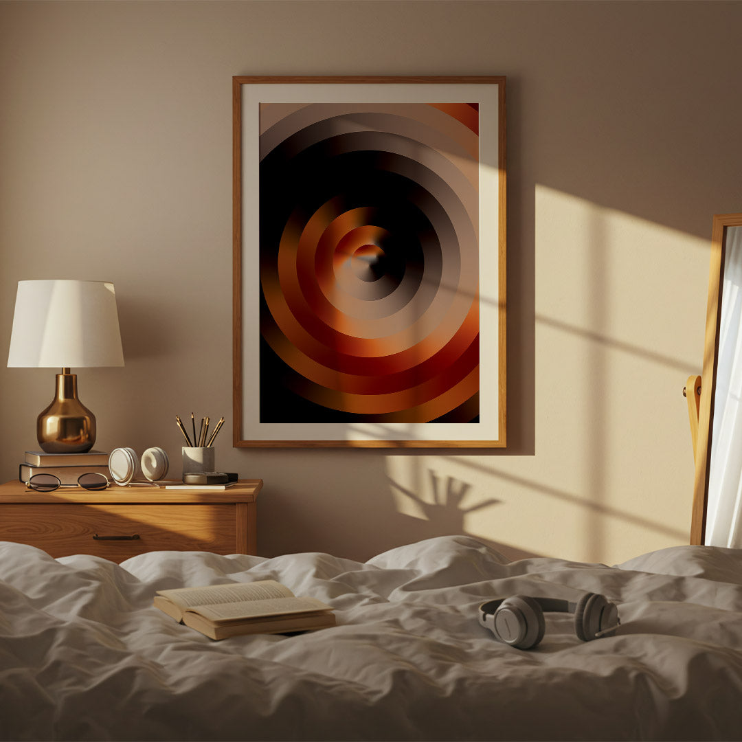 Room interior with a bed, lamp, and abstract art on the wall.