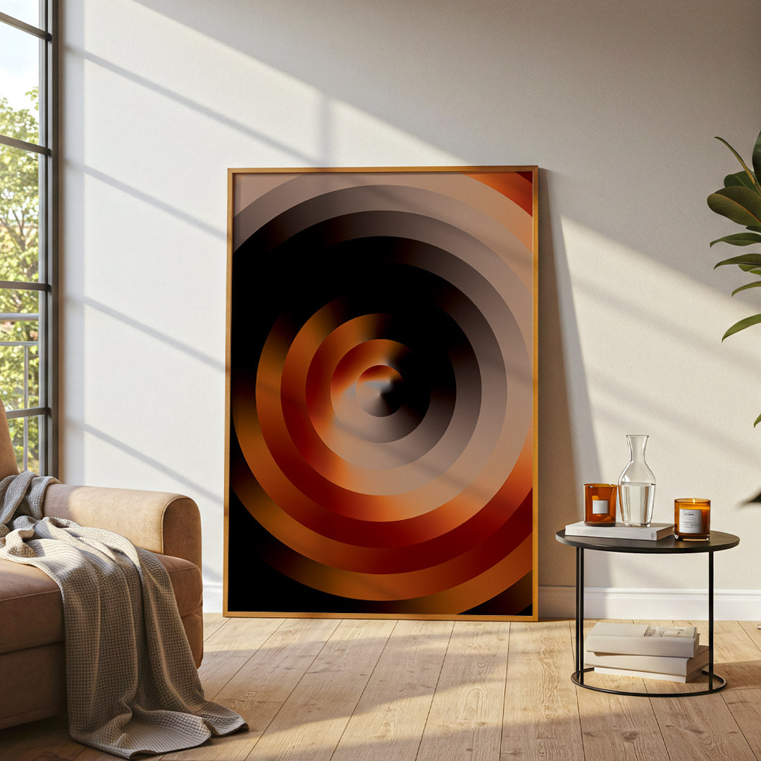 Abstract spiral art piece in a modern living room setting