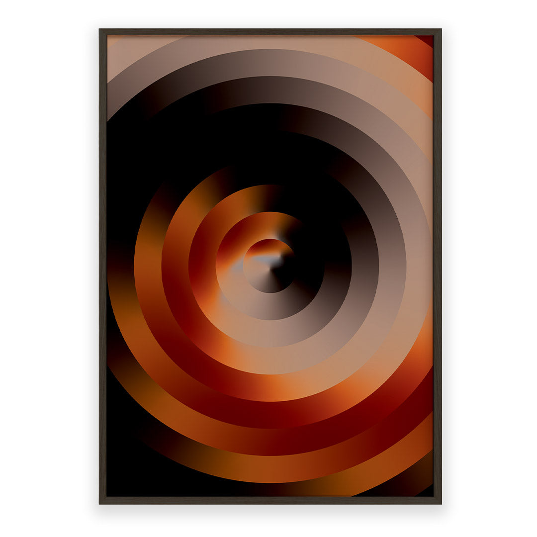 Framed abstract art with concentric circular design in brown and black on a white background